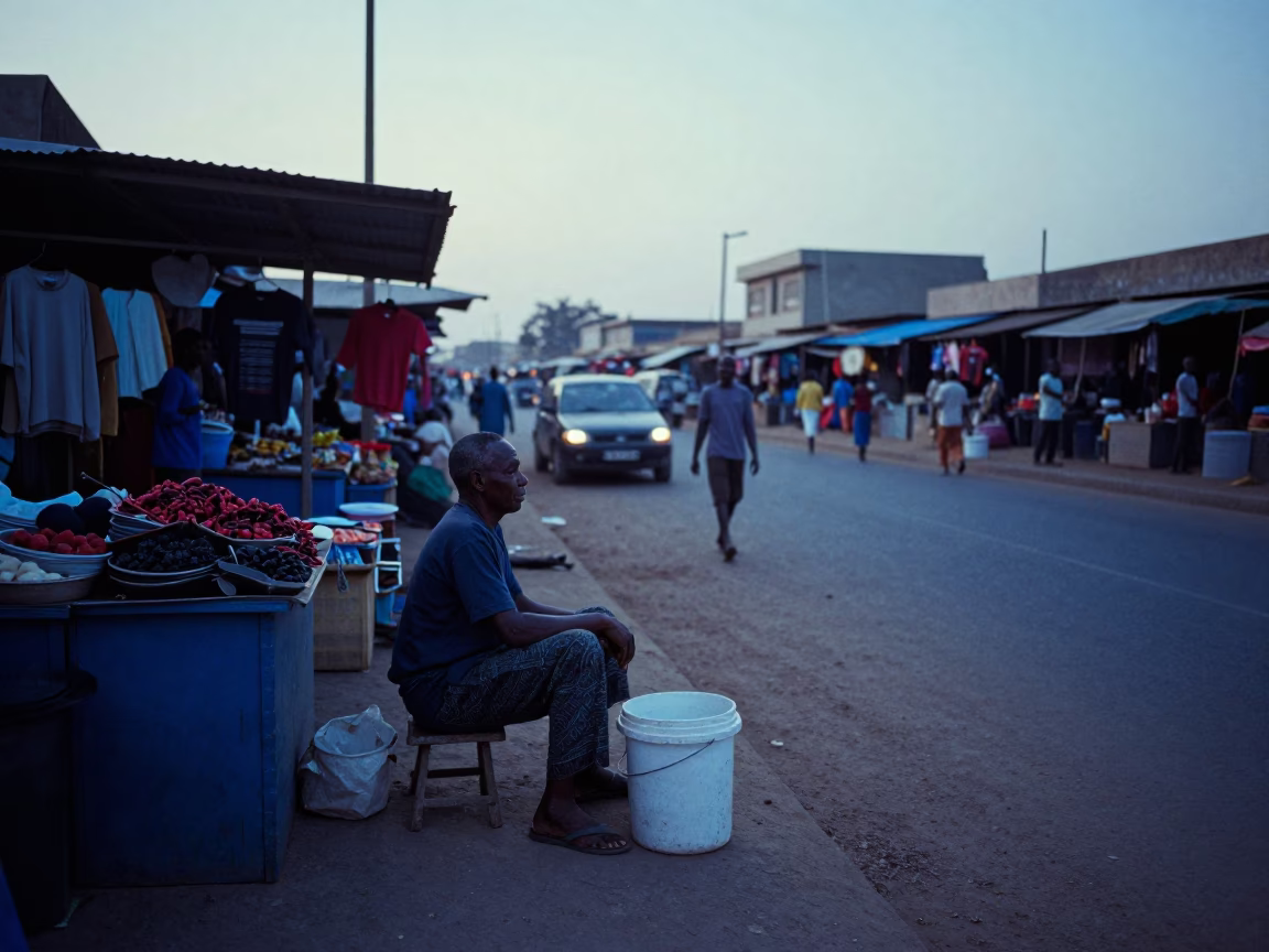 Dakar Senegal Street Market Before Sunrise with Hoes and Dusty Buckets in in Dakar, Senegal