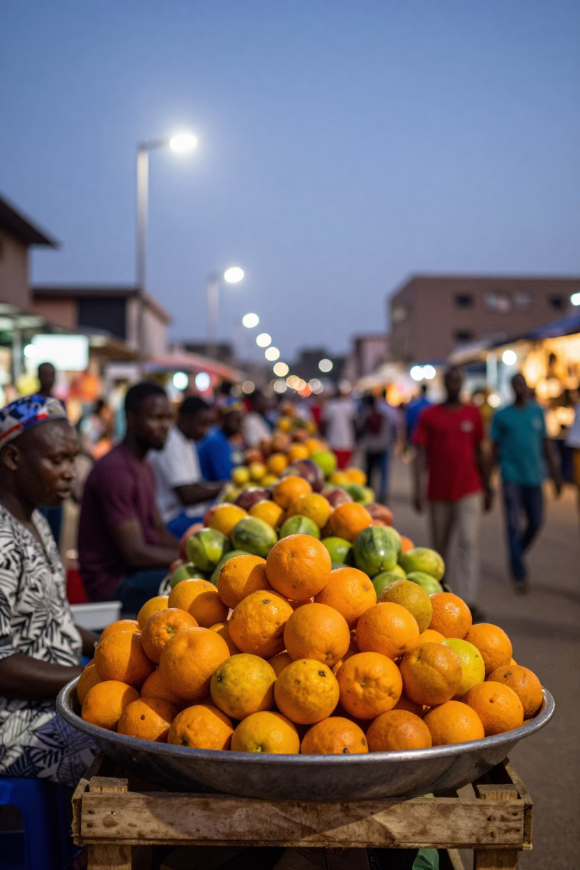 Dakar Senegal street market evening with fruit bowl and vibrant local commerce in in Dakar, Senegal