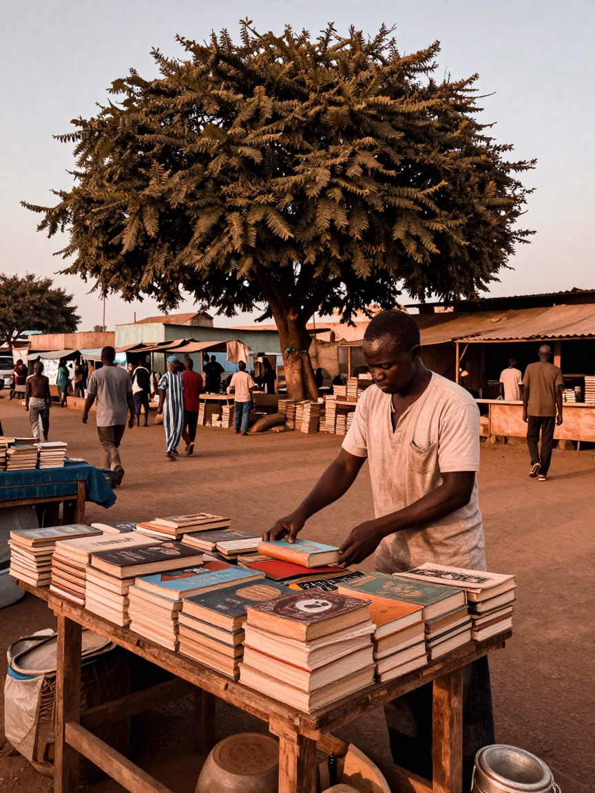 Dakar Senegal Street Market Scene with Books and Chestnut Tree in Copper Dusk Light in in Dakar, Senegal
