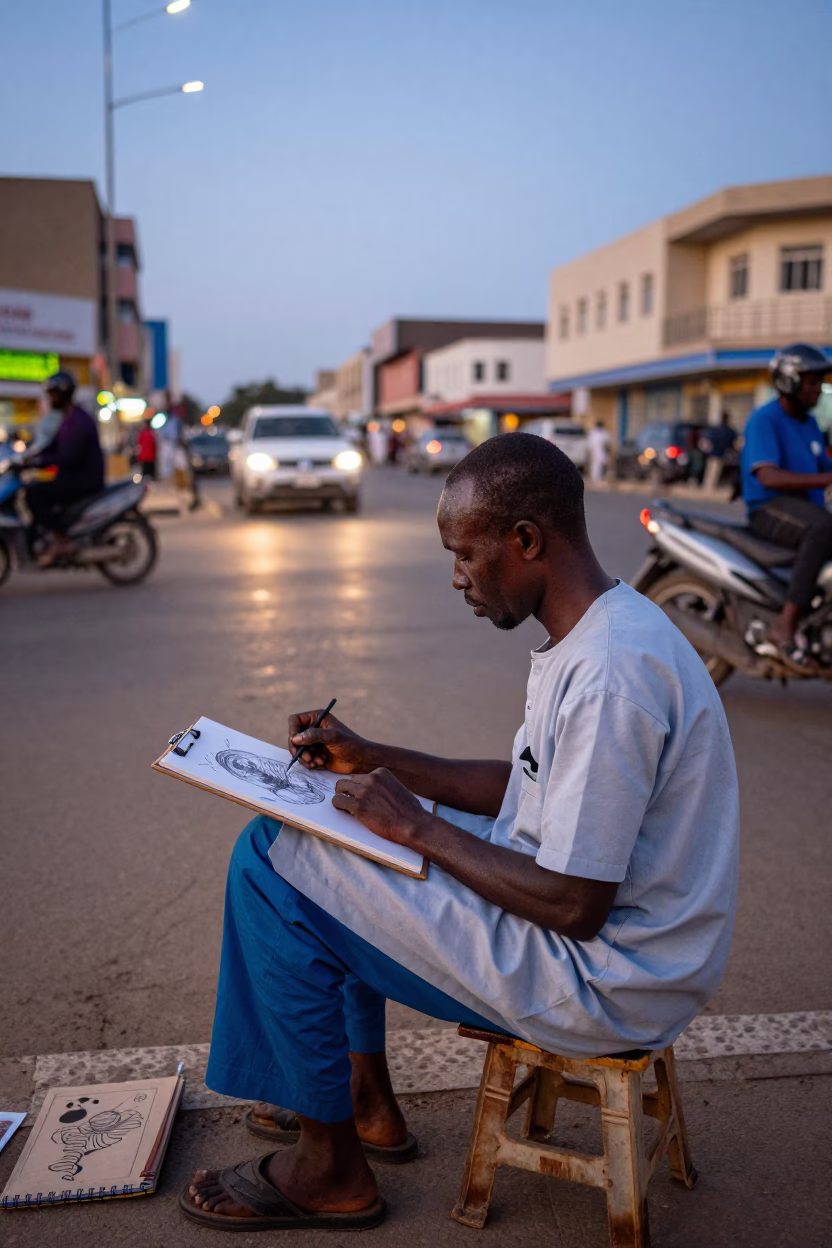Dakar Senegal Street Portrait Artist Sketching in Early Evening Twilight in in Dakar, Senegal