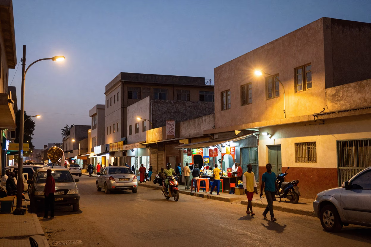 Dakar Senegal street scene at dusk with local commerce and coastal light in in Dakar, Senegal