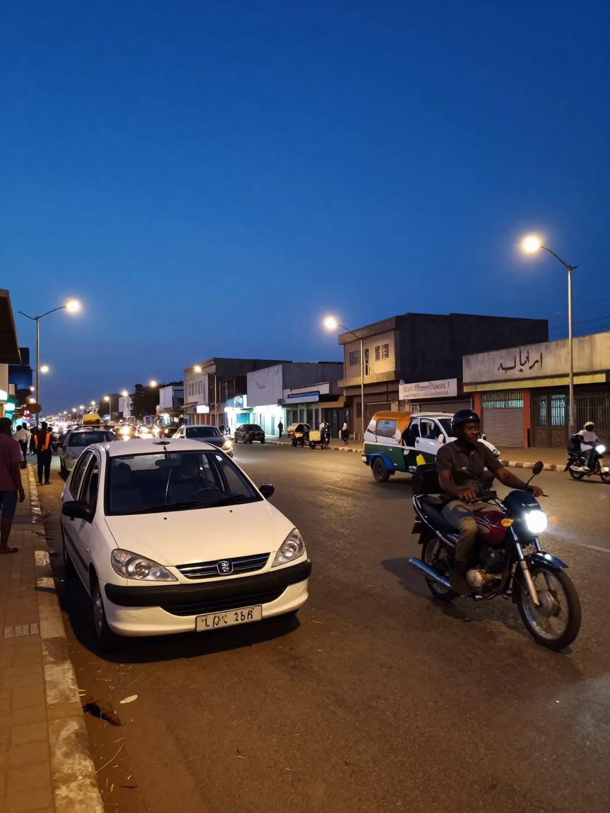 Dakar Senegal street scene at dusk with motorcycle taxi and local vendor in in Dakar, Senegal