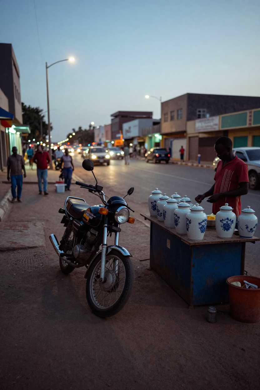 Dakar Senegal Street Scene at Dusk with Vintage Motorcycle and Porcelain Jars in in Dakar, Senegal