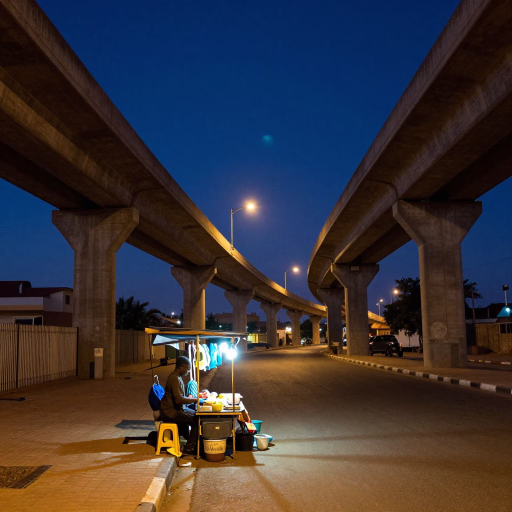 Dakar Senegal street scene at night with concrete viaduct and urban lighting in in Dakar, Senegal