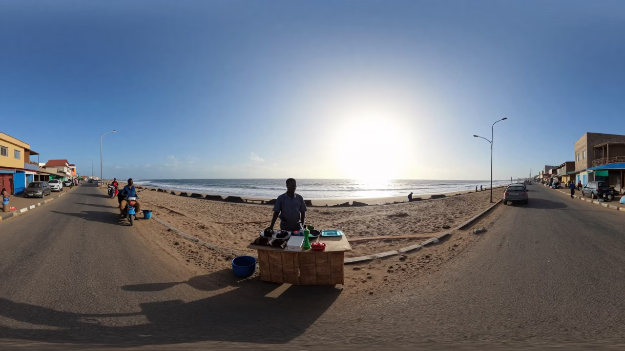 Dakar Senegal Street Scene at Sunset with Blue and White Porcelain Plate in in Dakar, Senegal
