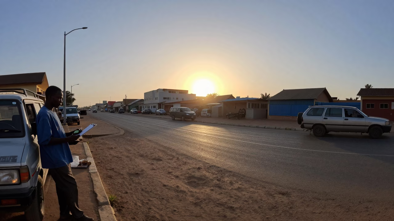 Dakar Senegal street scene at sunset with clipboard and soap bottle in in Dakar, Senegal