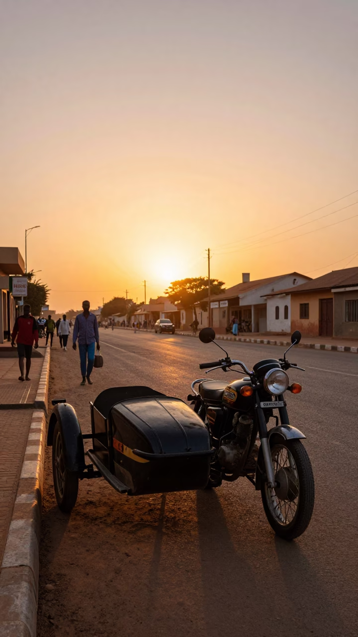 Dakar Senegal street scene at sunset with vintage motorcycle sidecar and bustling market activity in in Dakar, Senegal