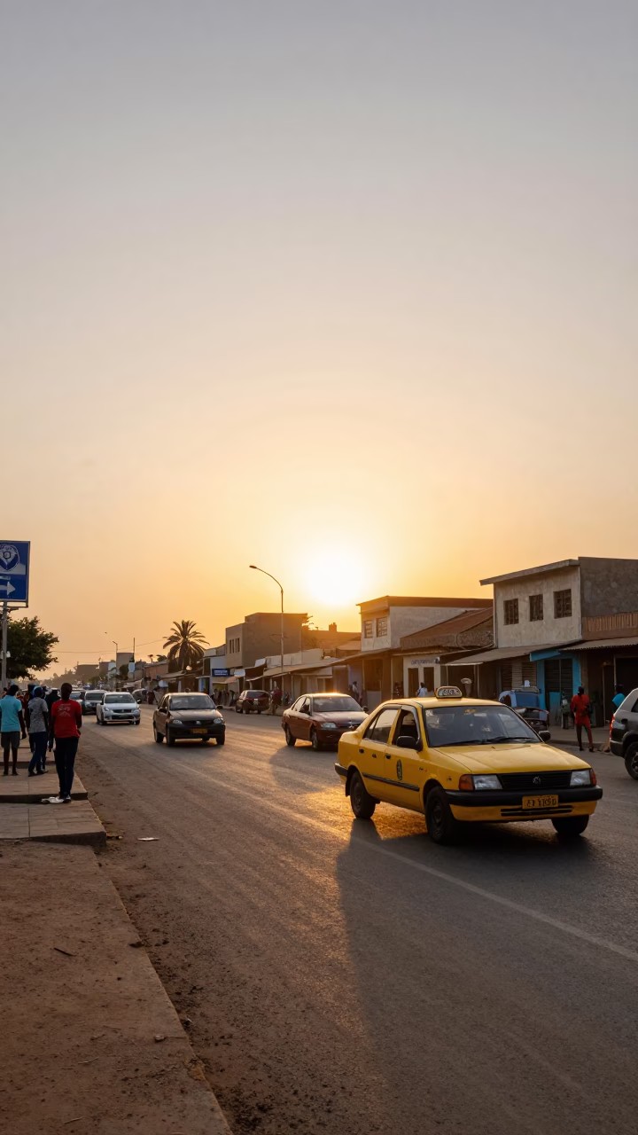 Dakar Senegal Street Scene at Sunset with Yellow Taxi and Market Activity in in Dakar, Senegal