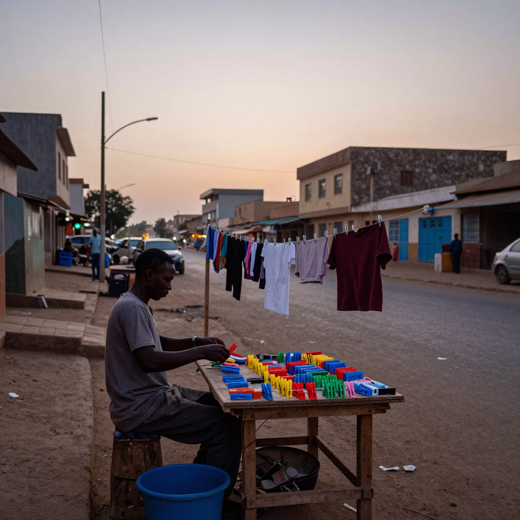 Dakar Senegal Street Scene Before Dawn with Laundry Pins and Ceramic Pitcher in in Dakar, Senegal