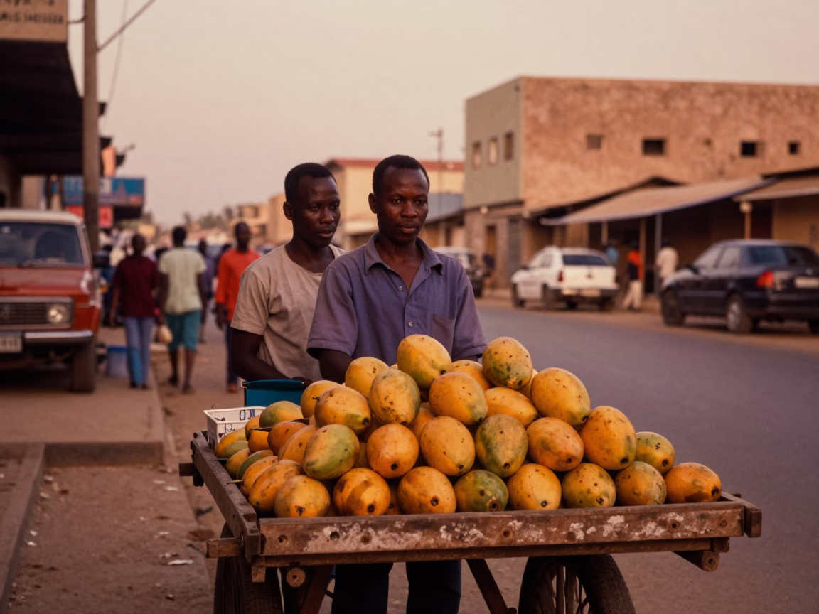 Dakar Senegal Street Scene Before Dusk with Local Vendor and Copper Light in in Dakar, Senegal