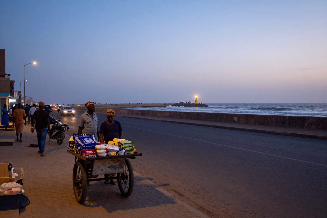 Dakar Senegal street scene before sunrise with vendor cart and moonlit surf beacon in in Dakar, Senegal