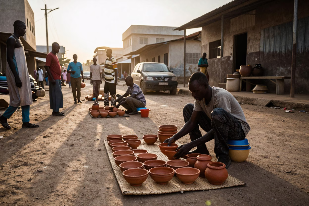 Dakar Senegal street scene first light market vendor selling ceramic bowls in in Dakar, Senegal
