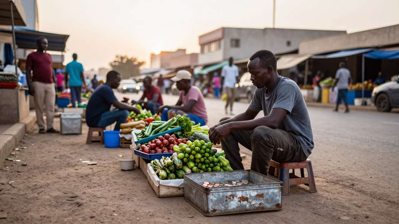 Dakar Senegal Street Scene Just After Sunrise with Local Vendor and Market Activity in in Dakar, Senegal