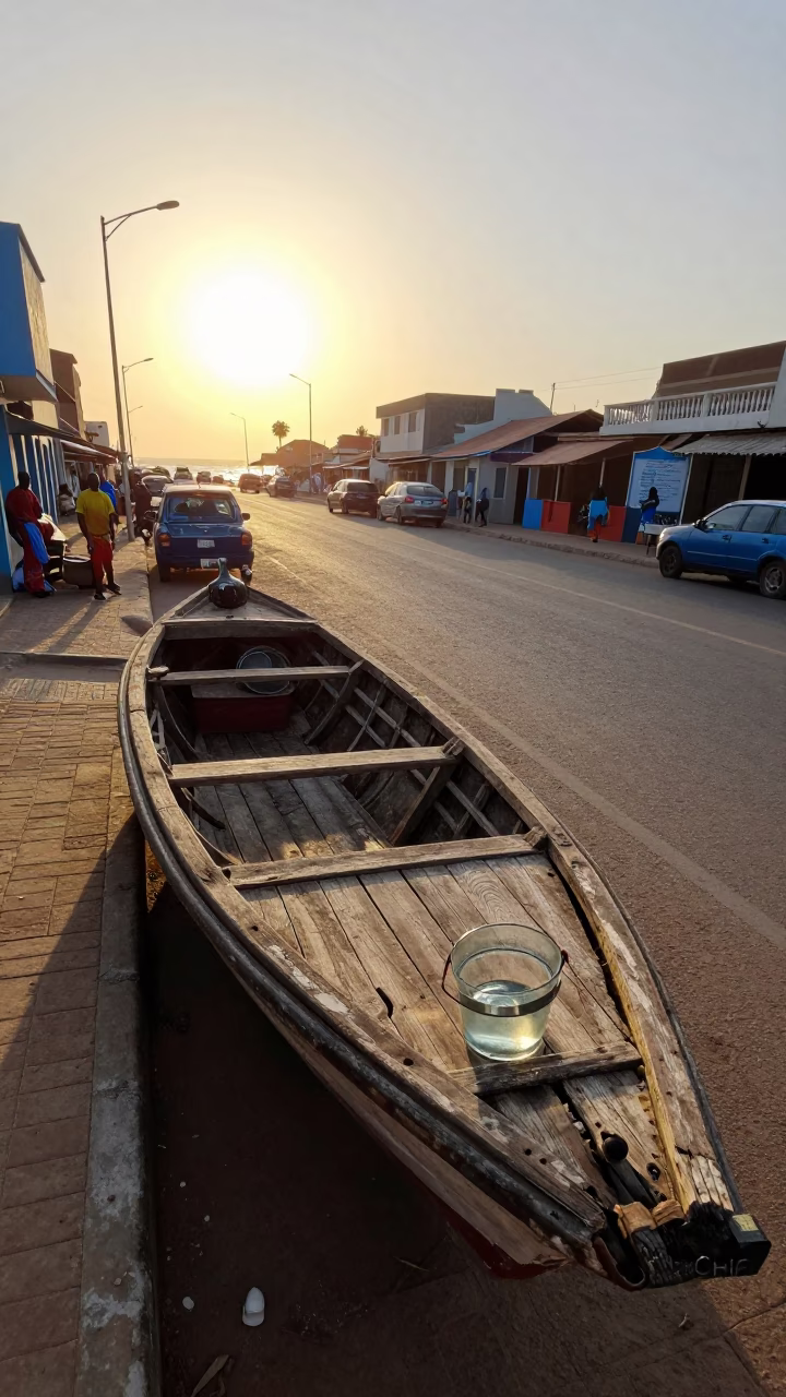 Dakar Senegal street scene just after sunrise with wooden lobster boat nearby in in Dakar, Senegal