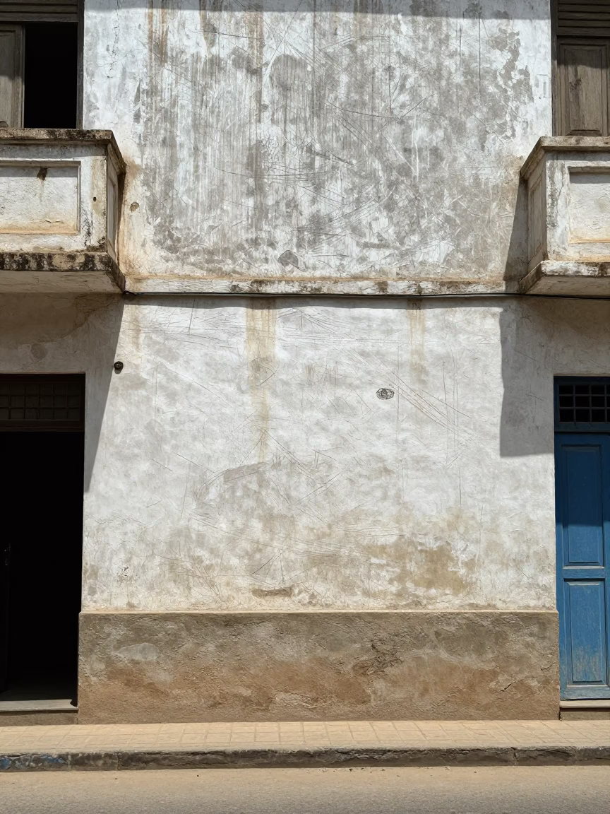 Dakar Senegal street scene midday with weathered plaster wall and vine growth in in Dakar, Senegal