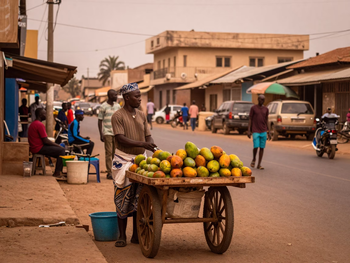 Dakar Senegal Street Scene with Local Vendor and Copper Toned Dusk Light in in Dakar, Senegal