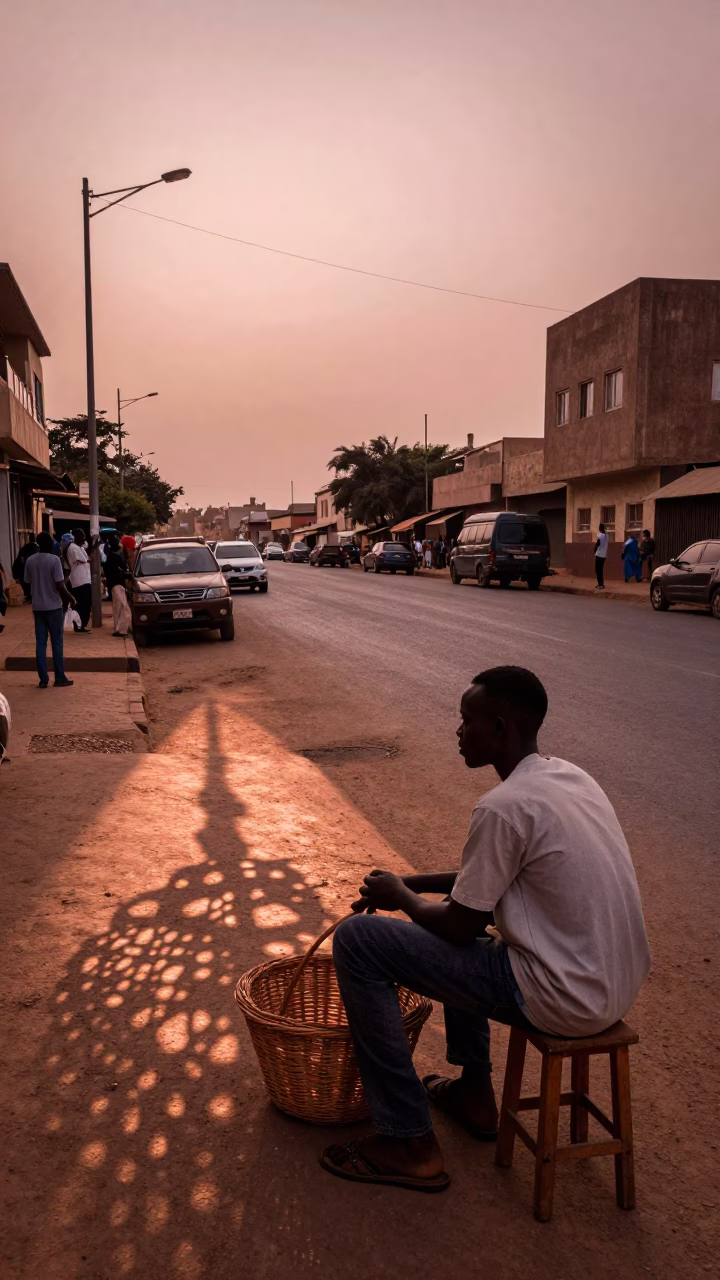 Dakar Senegal Street Scene with Wicker Shadow and Copper Dusk Light in in Dakar, Senegal