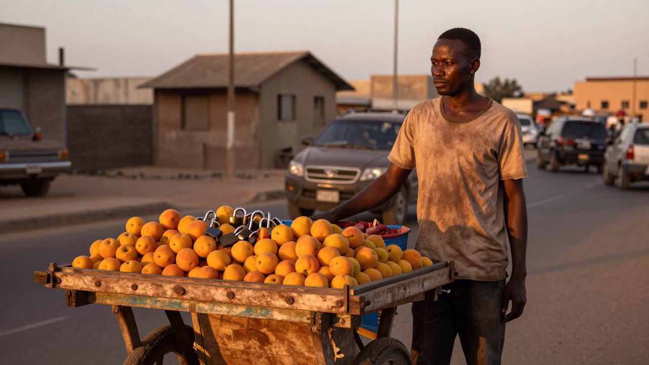 Dakar Senegal Street Vendor Apricots and Padlock in Copper Dusk Light in in Dakar, Senegal