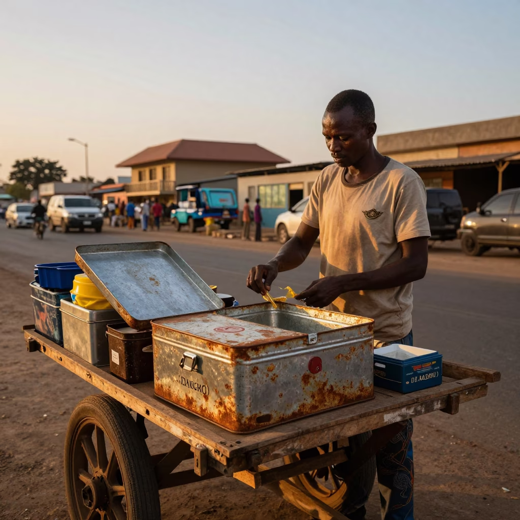 Dakar Senegal Street Vendor Evening Light with Tin Box and Tambourine in in Dakar, Senegal