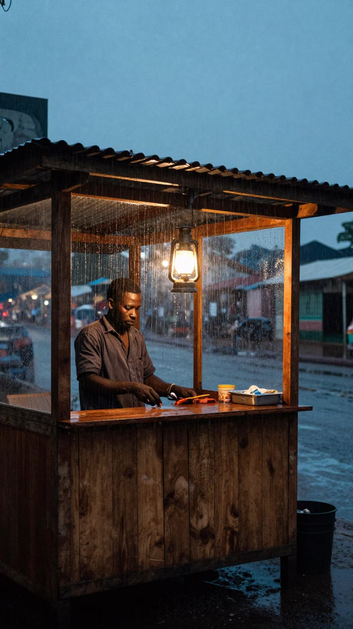 Dakar Senegal Street Vendor Lantern Light in Dusk Rain in in Dakar, Senegal