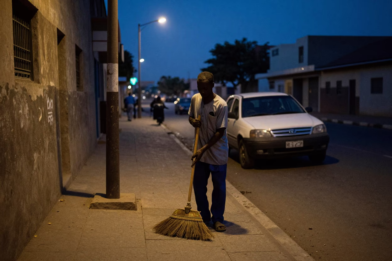 Dakar Senegal Street Vendor Predawn Darkness Hand Broom Cleaning Concrete Sidewalk in in Dakar, Senegal