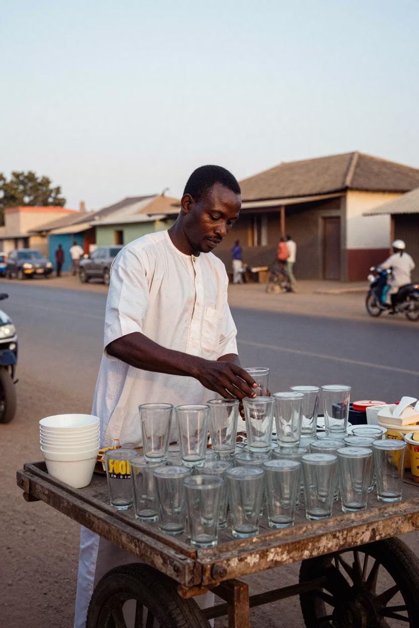 Dakar Senegal street vendor preparing breakfast with glass tumbler before dawn in in Dakar, Senegal