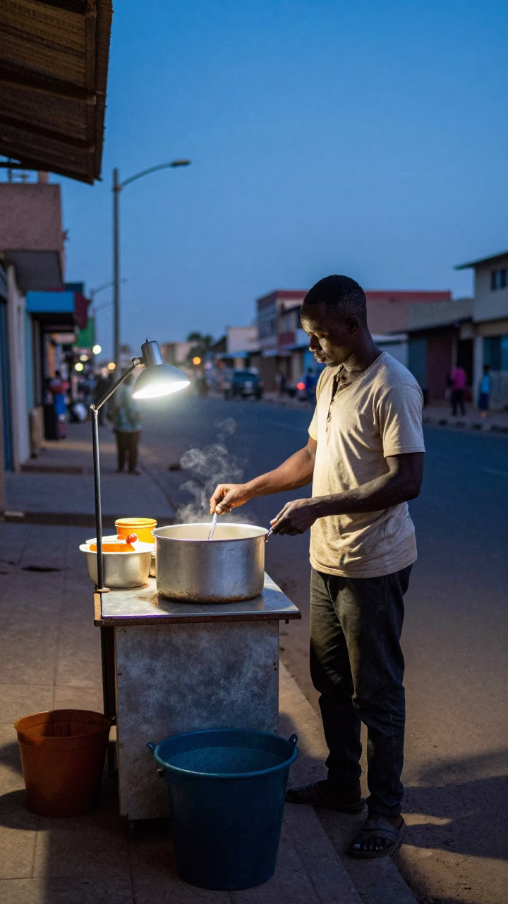 Dakar Senegal street vendor preparing morning tea with saucepan and lamp in predawn darkness in in Dakar, Senegal
