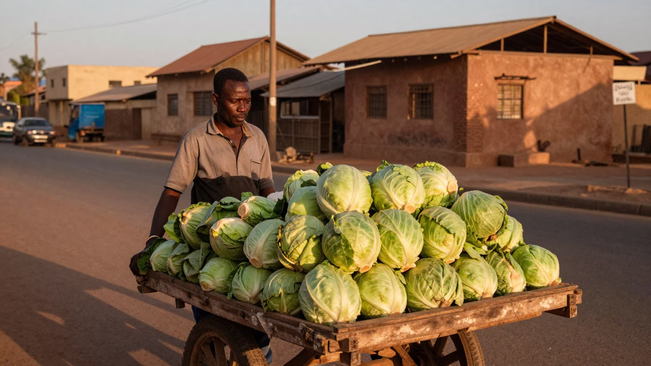 Dakar Senegal Street Vendor Selling Cabbages in Copper Toned Light Before Dusk in in Dakar, Senegal