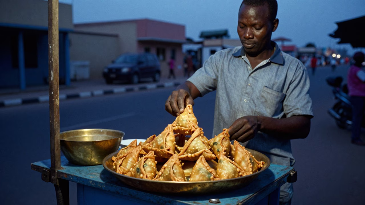 Dakar Senegal Street Vendor Selling Samosas on Brass Plate Before Dawn Light in in Dakar, Senegal