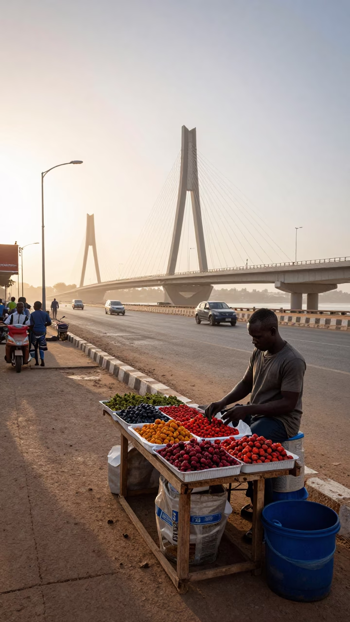 Dakar Senegal Sunrise Street Scene with Bridge Pier and Morning Activity in in Dakar, Senegal