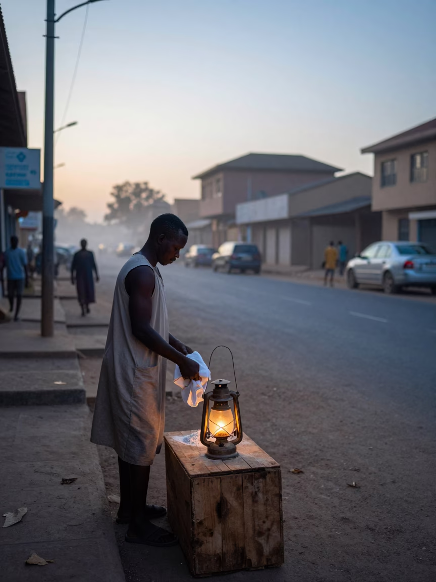 Dakar Senegal Sunrise Street Scene with Oil Lamp and Flour Dust in in Dakar, Senegal