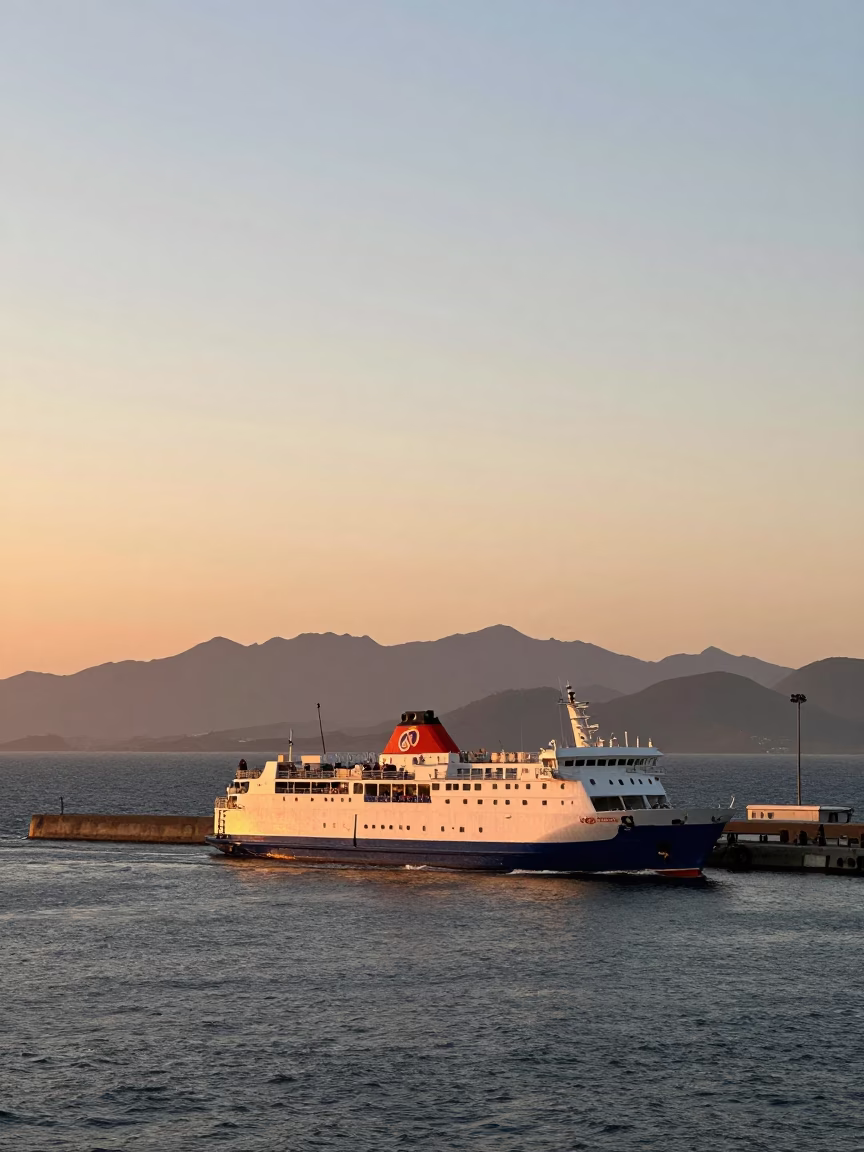 Dakar Senegal Sunset Ferry Departure Harbor Mountains Cinematic 1980s Realistic Photography in in Dakar, Senegal