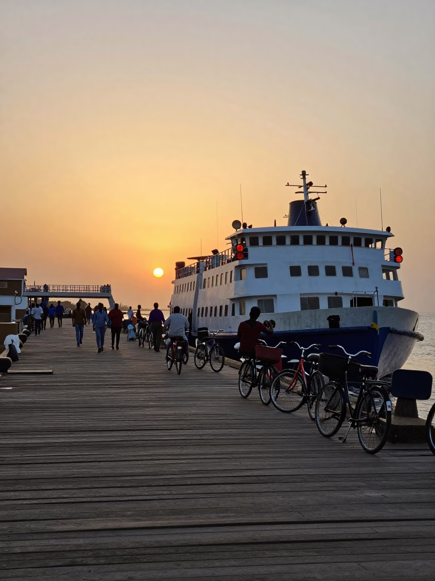 Dakar Senegal Sunset Ferry Dock with Bicycles and Overpass Taillights in in Dakar, Senegal