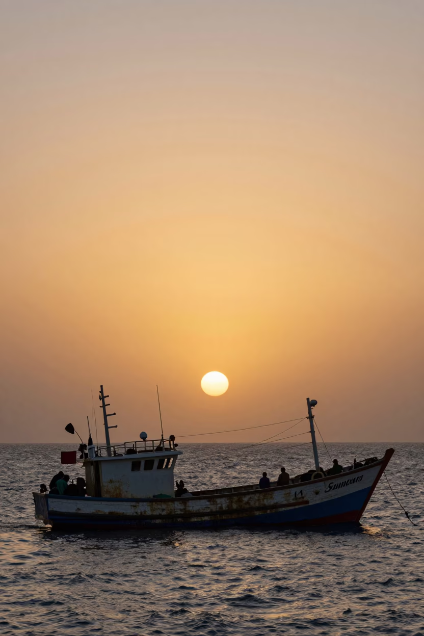 Dakar Senegal Sunset Harbor Scene with Fishing Trawler and Glass Pitcher on Table in in Dakar, Senegal