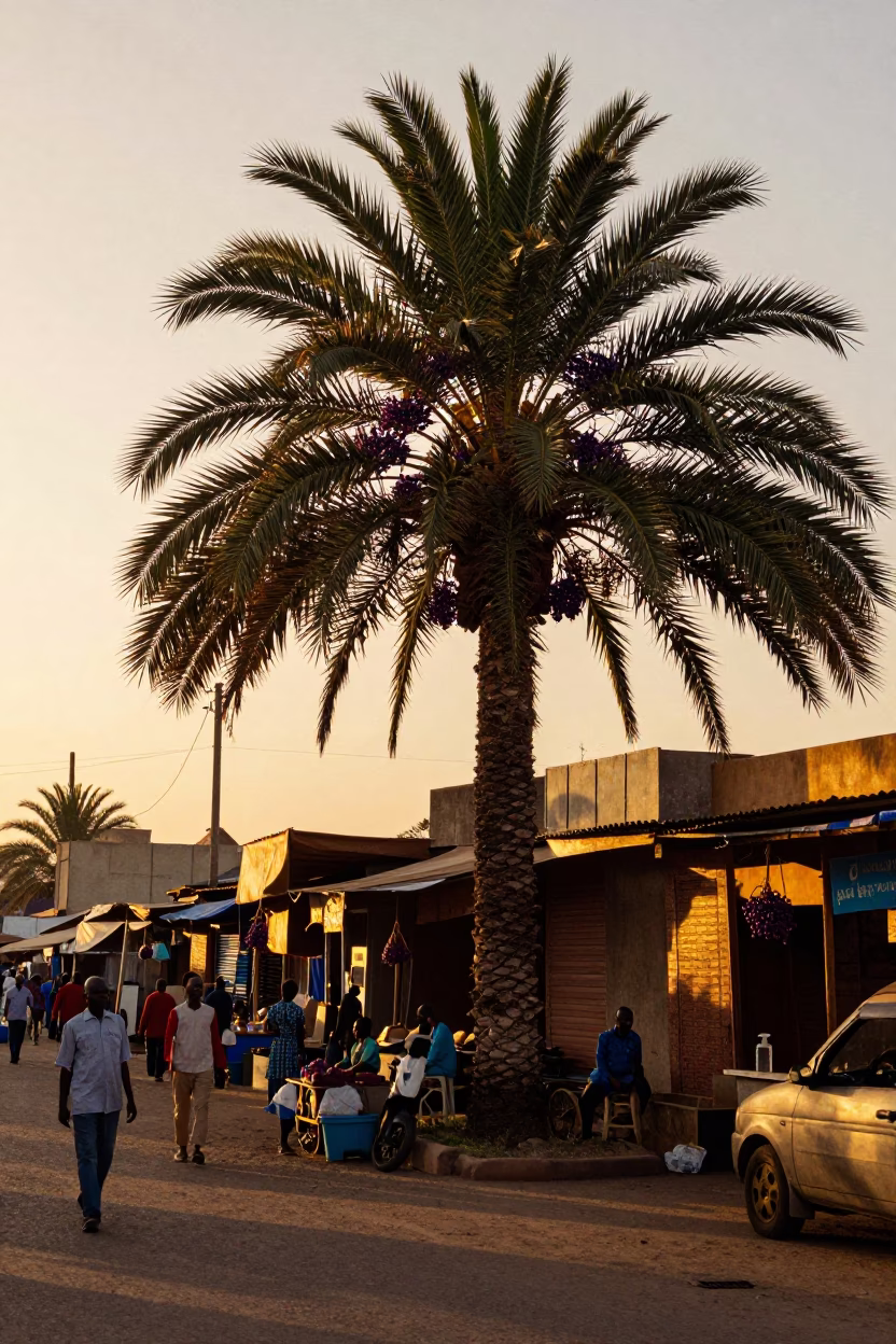 Dakar Senegal Sunset Street Scene with Açaí Palm and Market Onions in in Dakar, Senegal