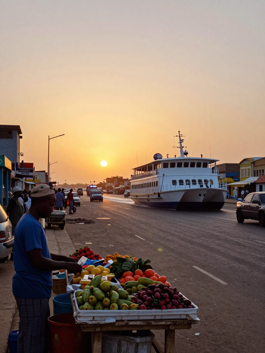Dakar Senegal Sunset Street Scene with Catamaran Ferry and Local Life in in Dakar, Senegal