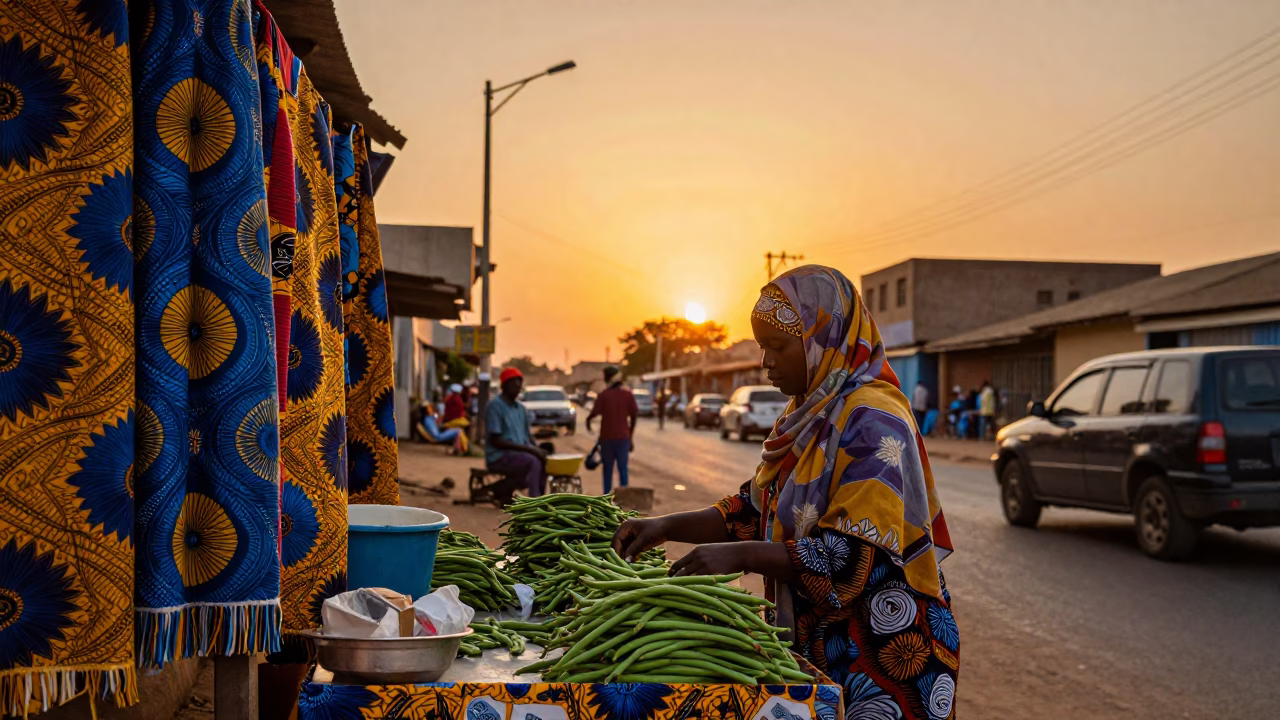 Dakar Senegal Sunset Street Scene with Colorful Fabric and Local Commerce in in Dakar, Senegal