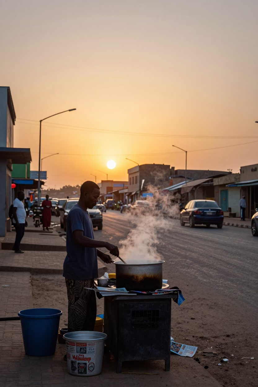 Dakar Senegal Sunset Street Scene with Cooking Pot and Magazine Rack in in Dakar, Senegal