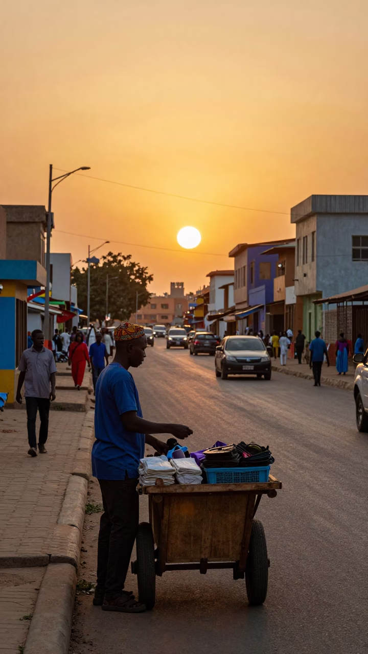 Dakar Senegal Sunset Street Scene with Local Vendor and Colorful Traffic in in Dakar, Senegal