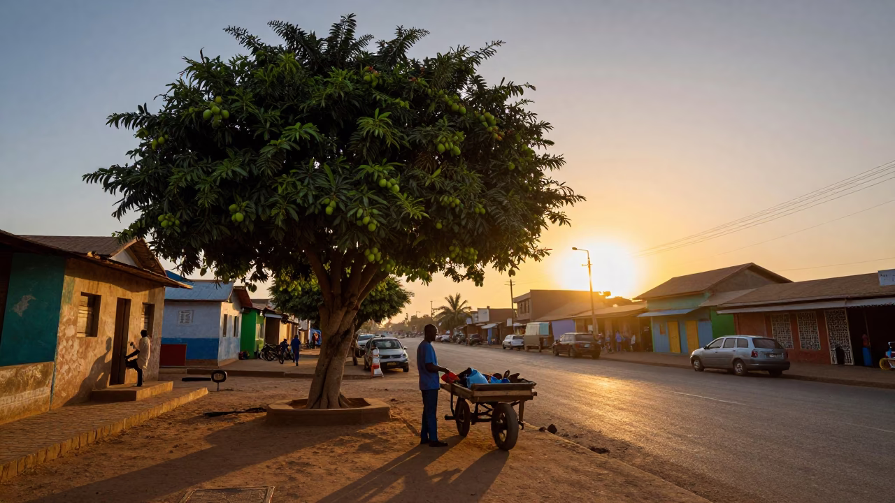 Dakar Senegal Sunset Street Scene with Mango Tree and Local Vendor in in Dakar, Senegal