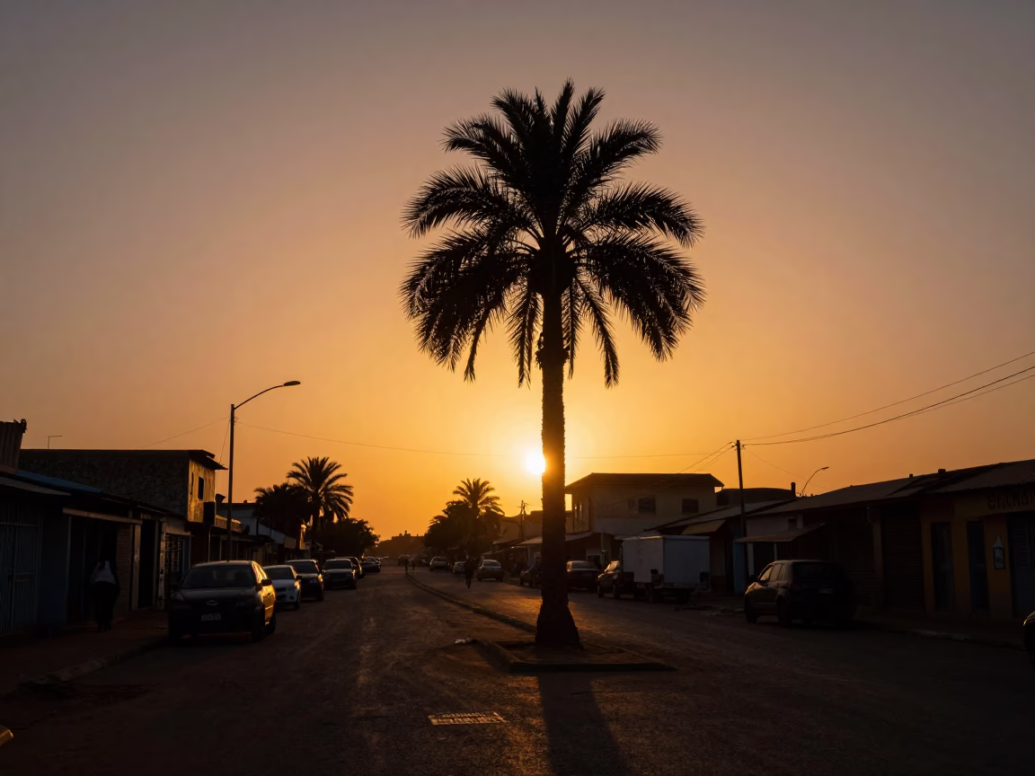Dakar Senegal Sunset Street Scene with Palm Silhouette and Local Market Activity in in Dakar, Senegal