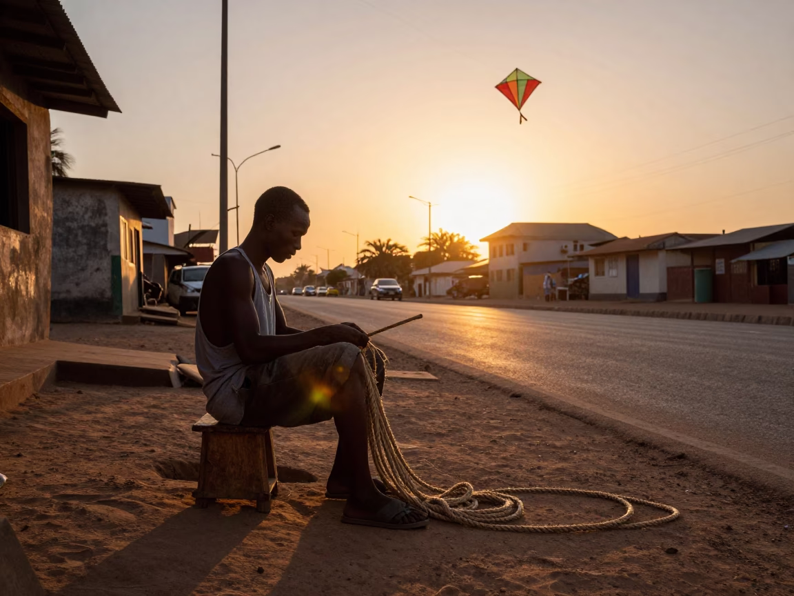 Dakar Senegal Sunset Street Scene with Rope Maker and Kite Reel in in Dakar, Senegal