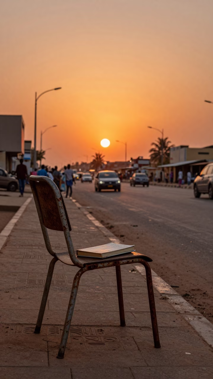 Dakar Senegal Sunset Street Scene with Rusty Chair and Ledger Book in in Dakar, Senegal