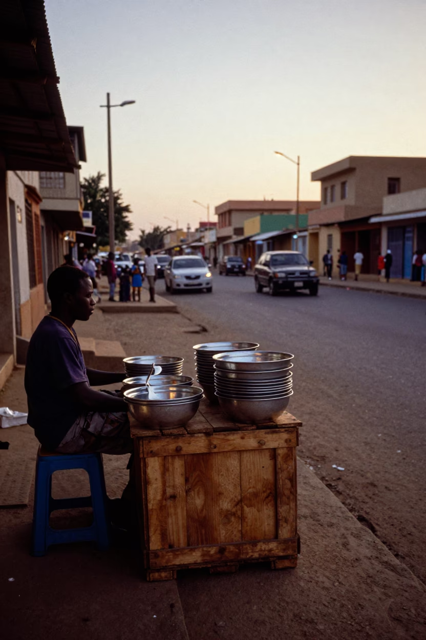 Dakar Senegal Sunset Street Scene with Tin Box and Serving Bowls in in Dakar, Senegal
