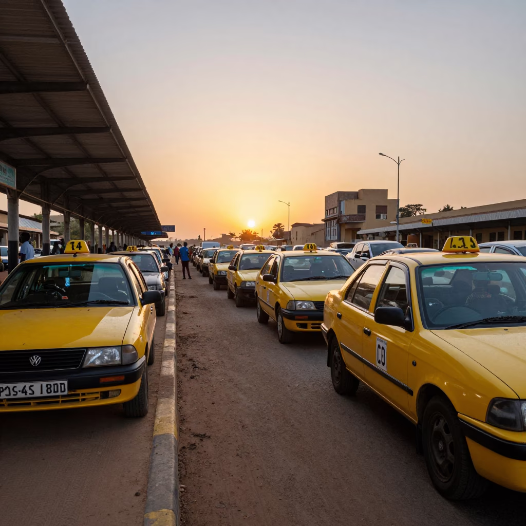 Dakar Senegal Taxi Rank Outside Train Station at Twilight with Yellow Cars in in Dakar, Senegal