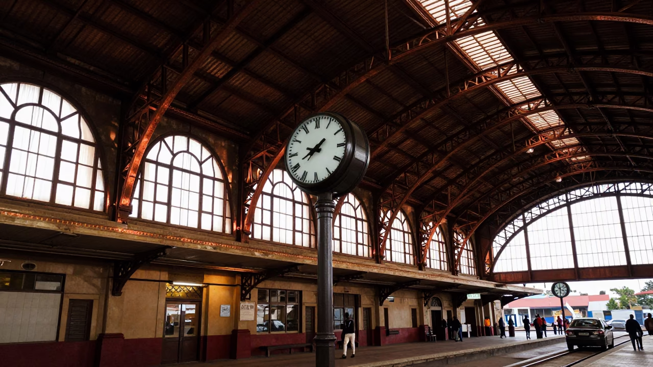 Dakar Senegal Train Station Clock Under Vaulted Iron Roof in Copper Dusk Light in in Dakar, Senegal