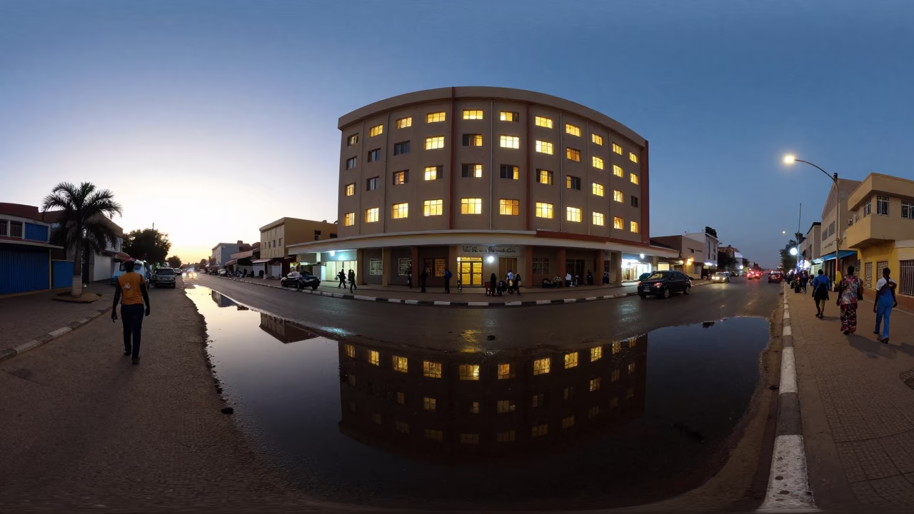 Dakar Senegal Twilight Street Scene with Hotel Puddle Reflections and Tail Lights in in Dakar, Senegal