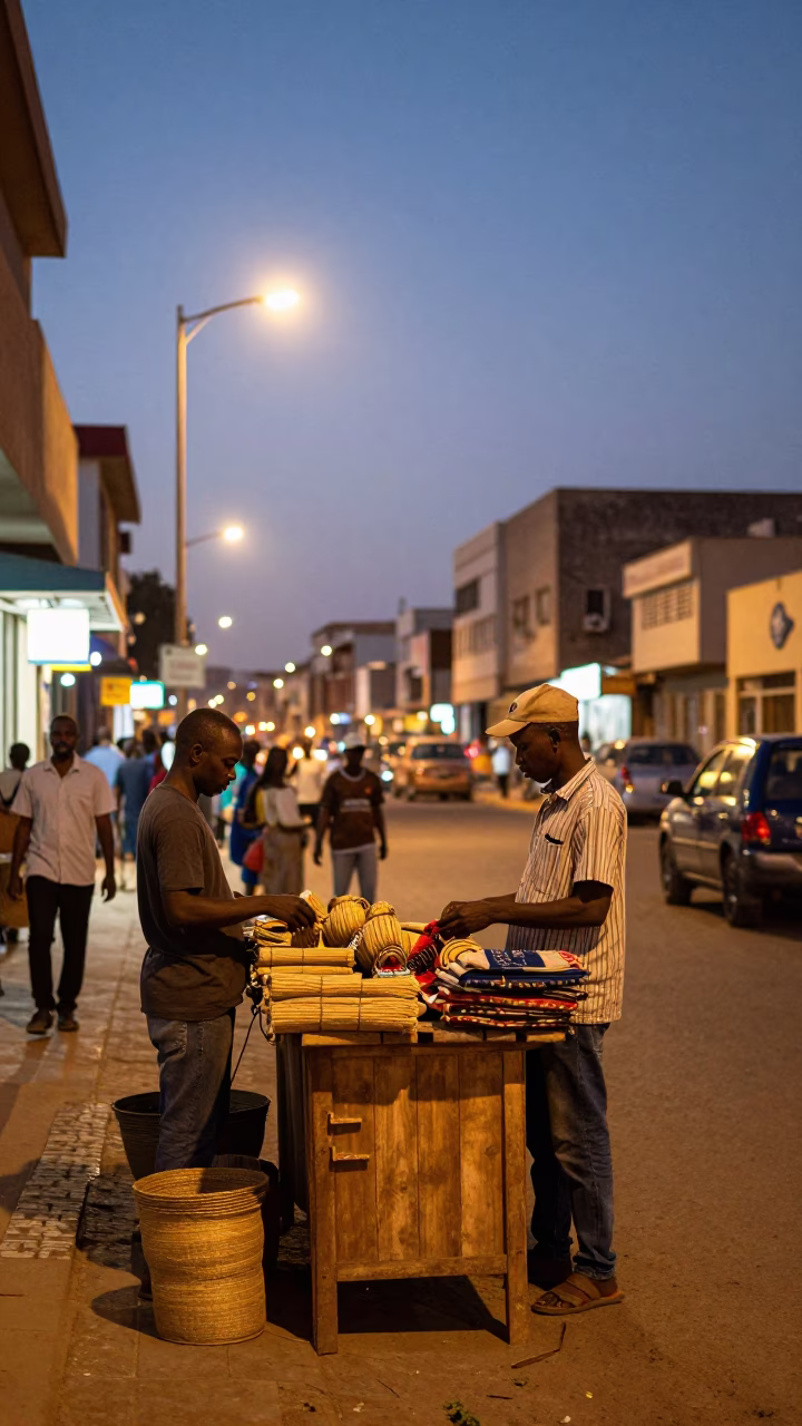 Dakar Street Scene at As City Lights Begin To Glow in in Dakar, Senegal