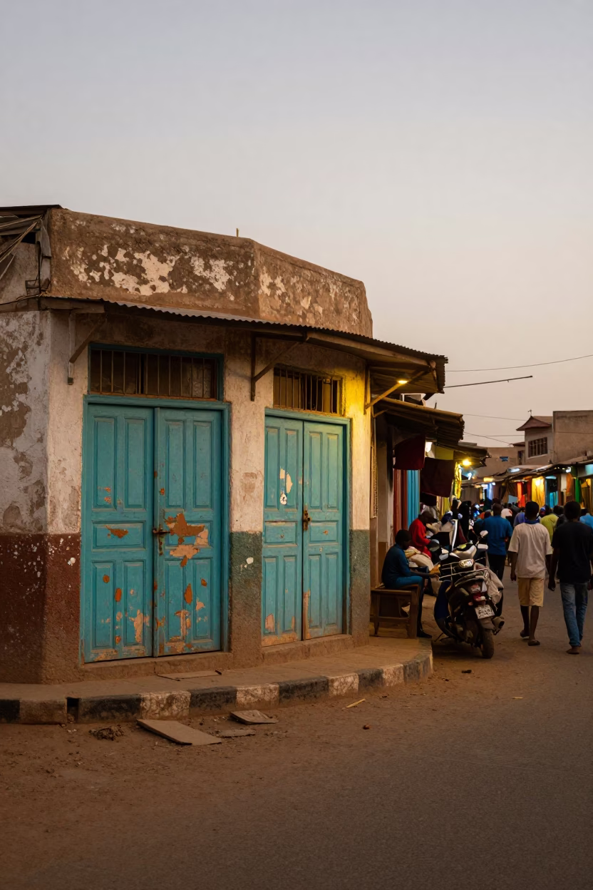 Dakar Street Scene at As City Lights Begin To Glow in in Dakar, Senegal