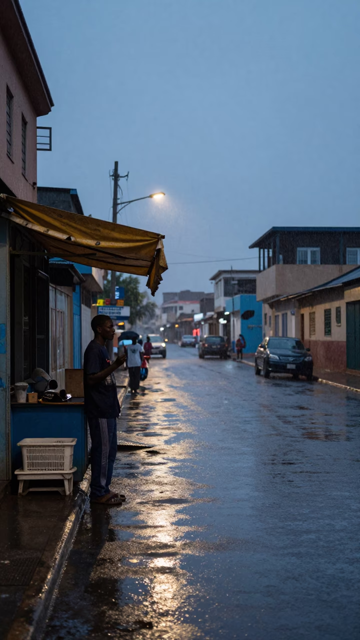 Dakar Street Scene at Dusk With Light Rain and Local Commerce in in Dakar, Senegal
